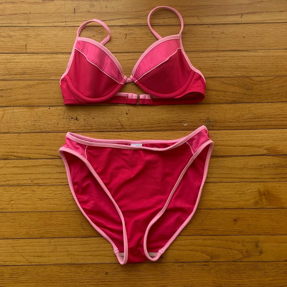 Vintage 90s 2 piece pink color block matching swim suit high cut leg bikini